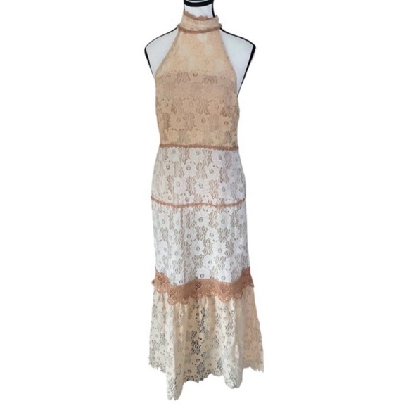 Foxiedox Lace Halter Midi Dress Tan White M Anthropologie NWT - Picture 2 of 11
